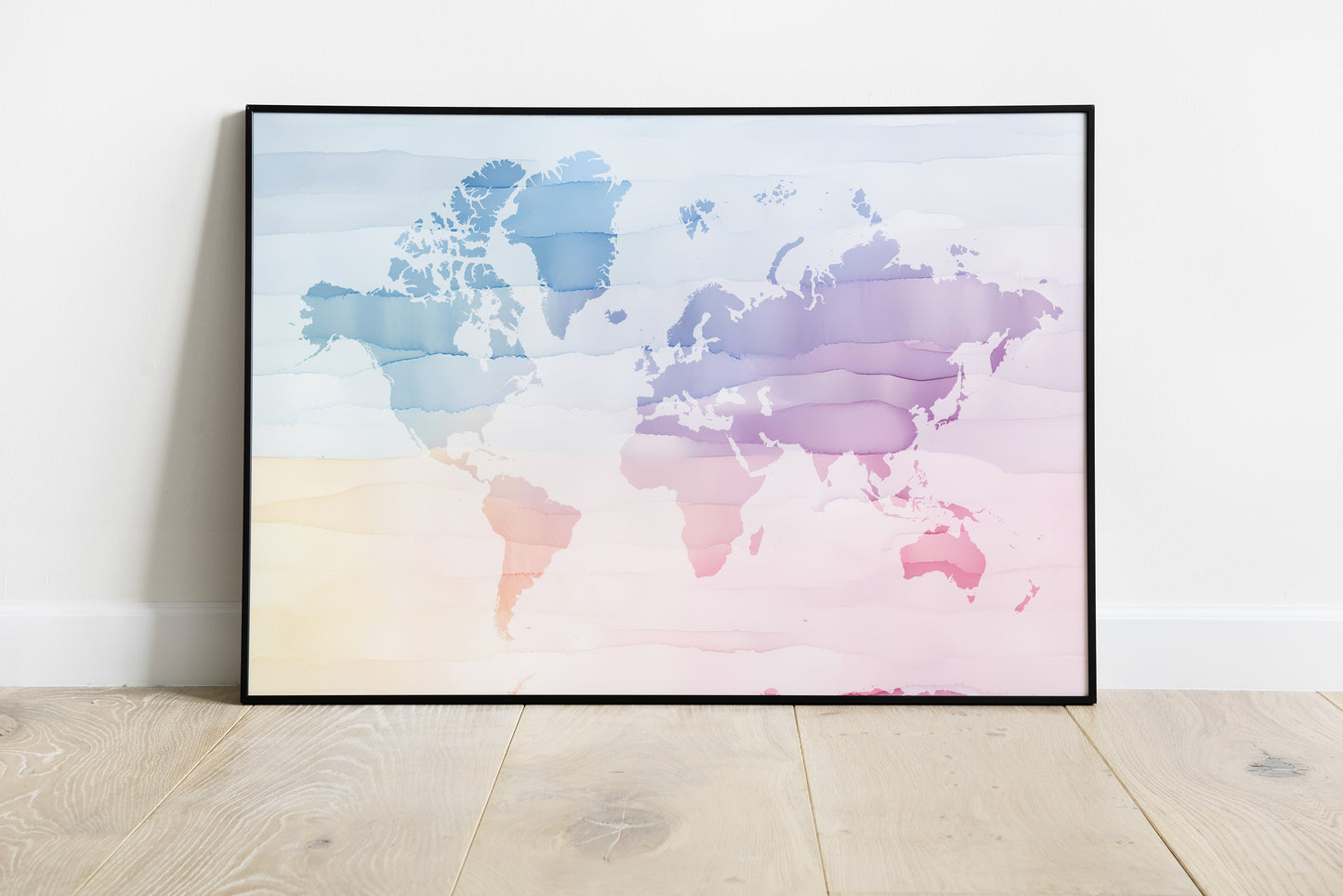 World Map in soft watercolors in different sizes and frame options or canvas