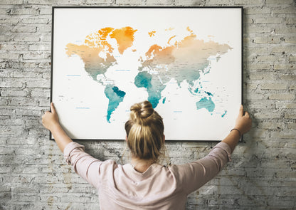 Watercolor World map print in beautiful tones.