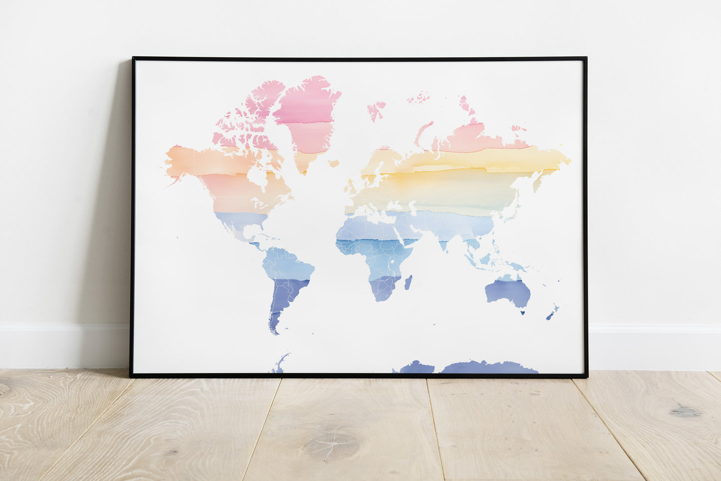 Watercolor world map in rainbow colors.