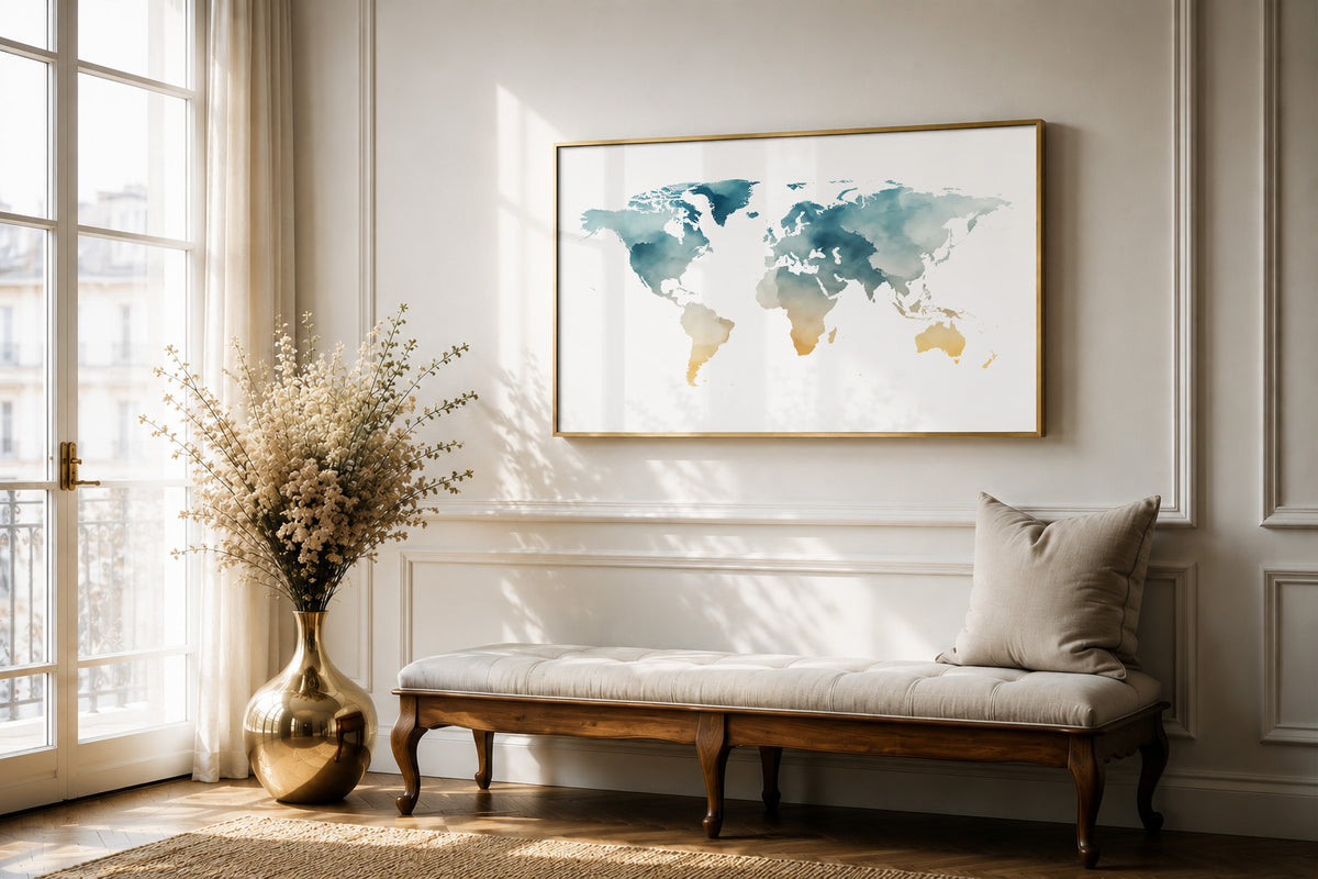 Watercolour world map print framed above a bench in a bright living room