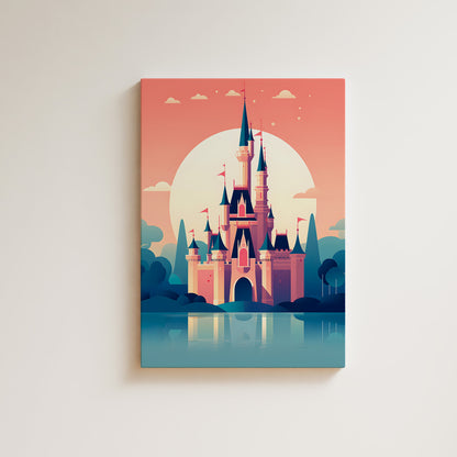 A vertical canvas wall art print featuring a stylized pink castle with blue spires, set against a peach and orange sky with a large white sun and blue water reflection, shown hanging on a light beige wall.
