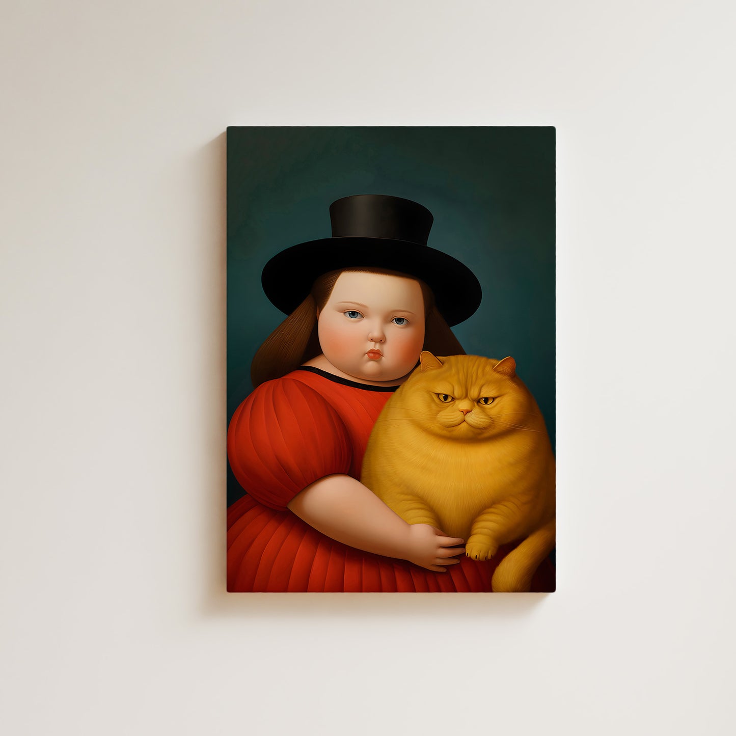 Botero Girl with Cat wall art in different sizes and frame options or canvas