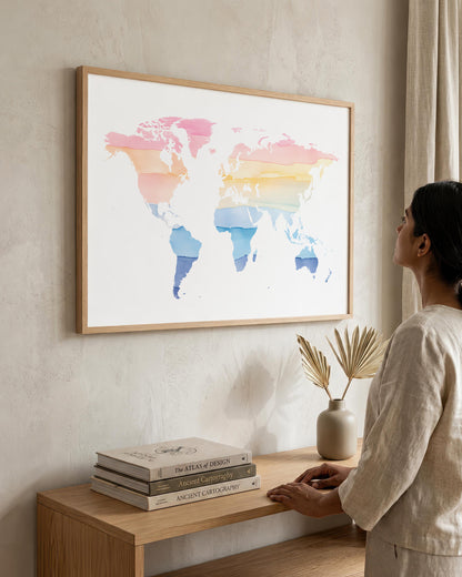 A woman in a neutral-toned outfit stands beside a wooden console table, looking at a large framed world map art print hanging on a textured beige wall. The map features watercolor-style continents in pink, orange, yellow, and blue on a white background, enclosed in a light wood frame.