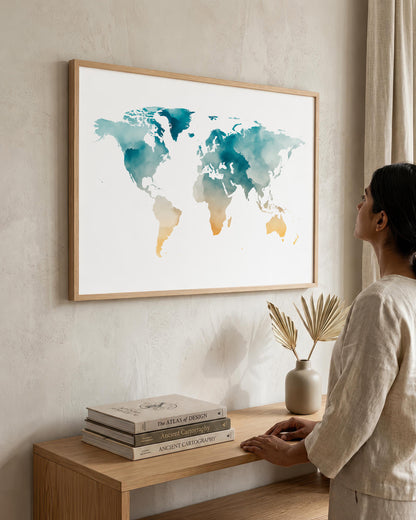 A framed world map art print with teal and gold watercolor continents on a white background, hanging on a textured beige wall above a wooden console table. A woman in a beige outfit is standing to the right, looking at the artwork.