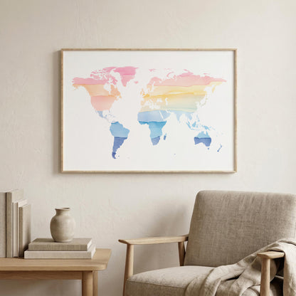 A framed world map art print with pastel watercolor stripes in pink, orange, yellow, and blue, displayed on a light beige wall above a modern armchair and side table.