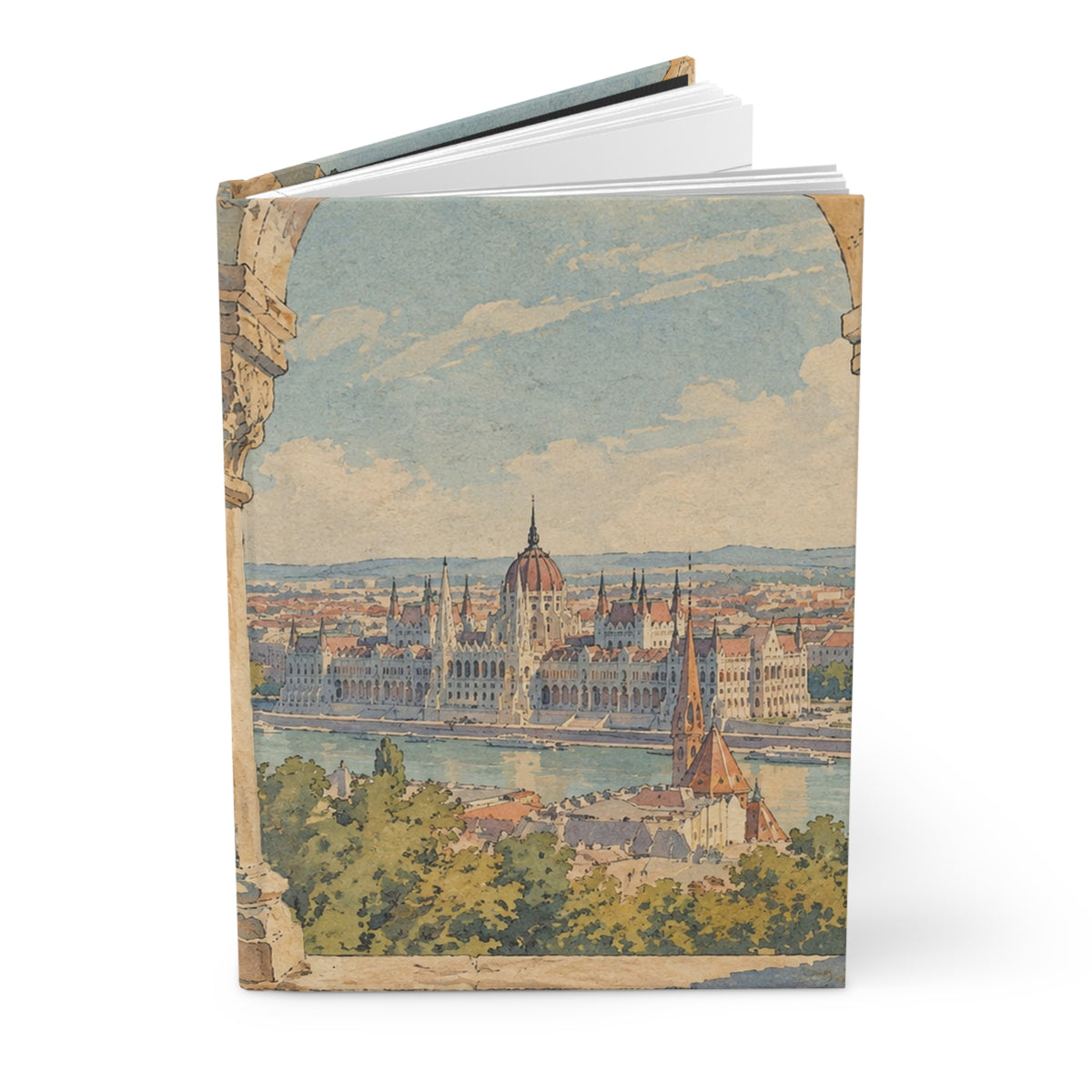 A hardcover notebook or journal standing upright, featuring a vintage-style scenic illustration of a city skyline with a large domed building across a river, under a pale blue sky. The cover has a warm beige border and stone-like frame details on the left and right sides.