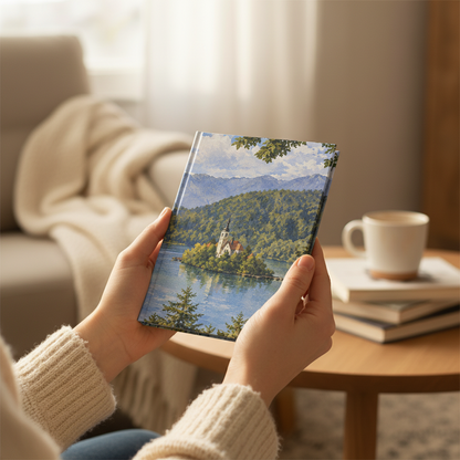 A person holds a hardcover notebook featuring a scenic landscape print of a lake, island, and mountains. The setting is a cozy, softly lit living room with a sofa, blanket, books, and a mug on a wooden table.
