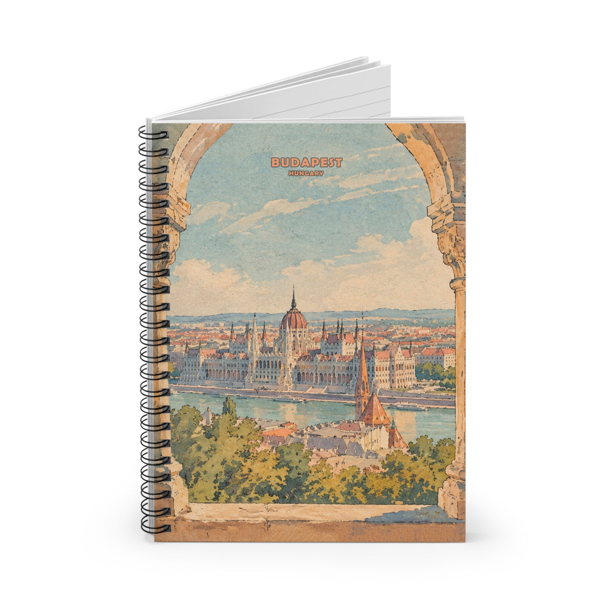 A spiral-bound notebook with a vintage-style Budapest cityscape illustration on the cover, shown standing upright on a white background.