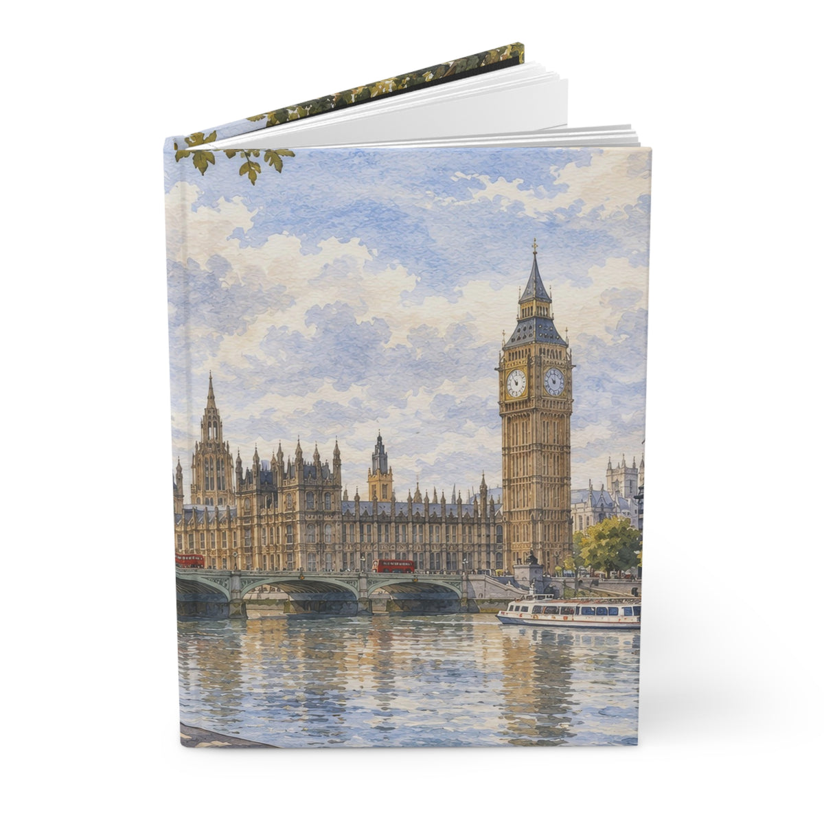 A hardcover notebook or journal standing upright, featuring a watercolor-style print of Big Ben and the London Palace on the cover. The spine is visible at the top, and the notebook is photographed on a clean white background.