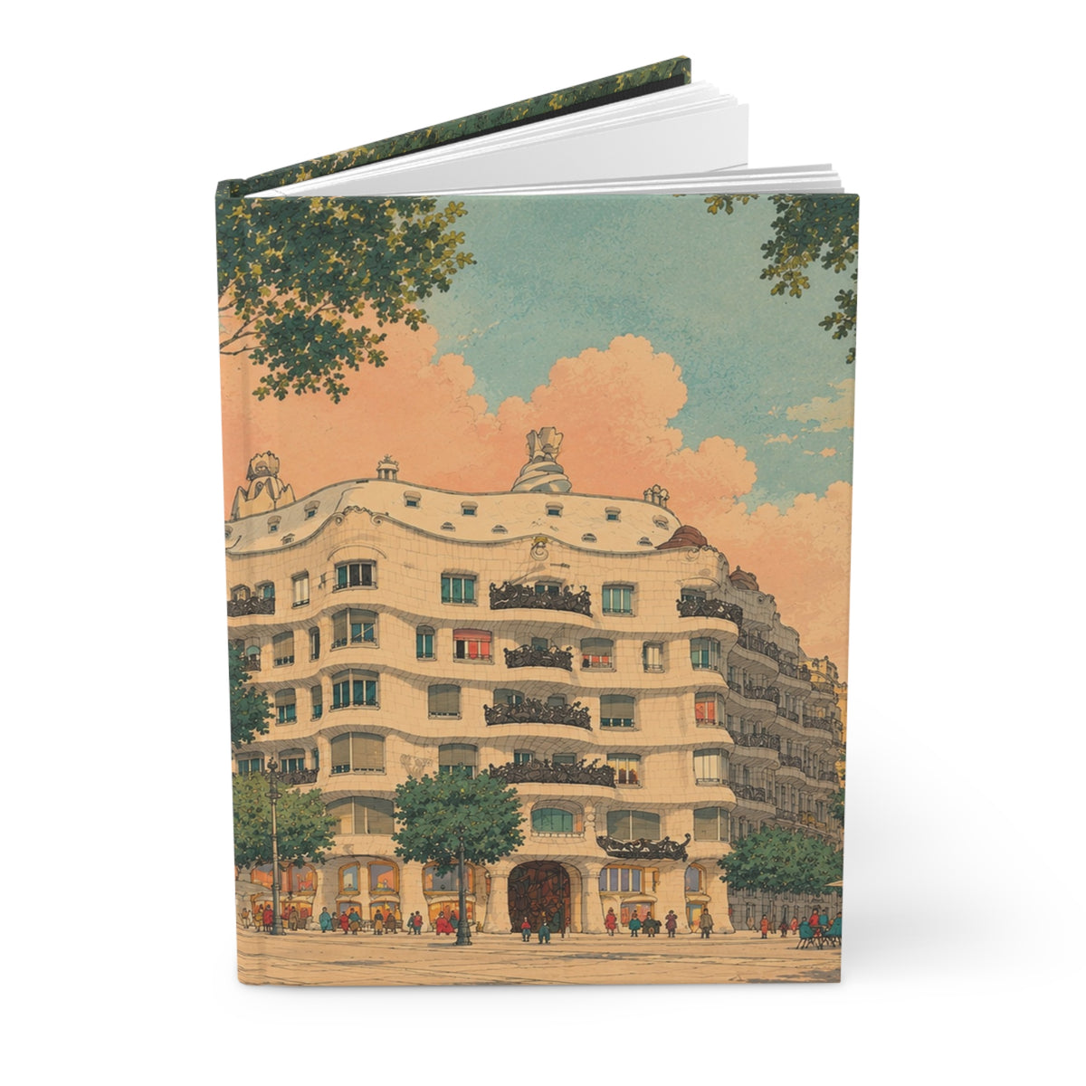 A hardcover notebook or journal standing upright, featuring a vintage-style illustration of an Art Deco apartment building, trees, and a peach-toned sky on the cover.