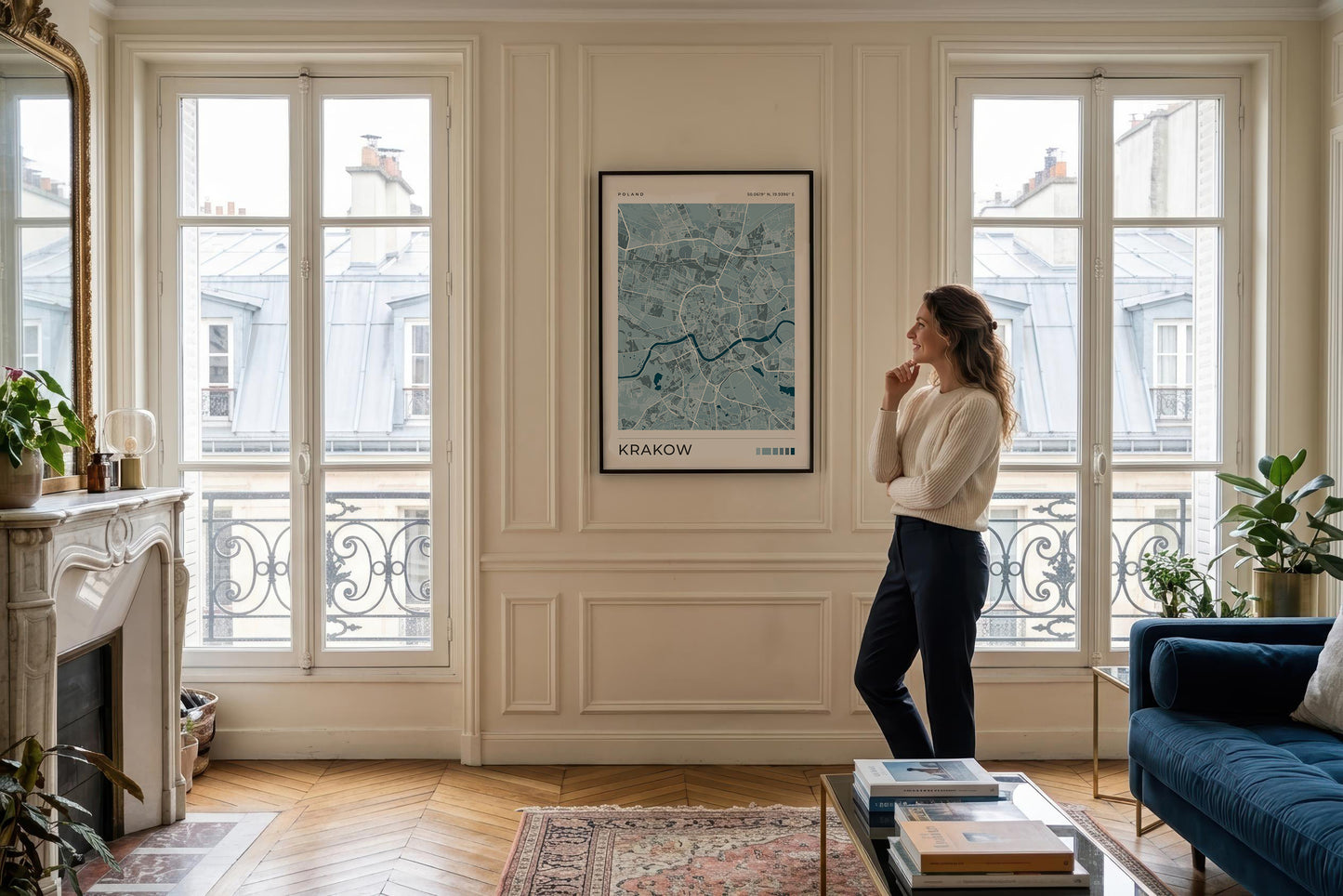 A woman stands in a bright, elegant living room next to a blue sofa, looking at a framed map print of Strasbourg hanging on a cream paneled wall.