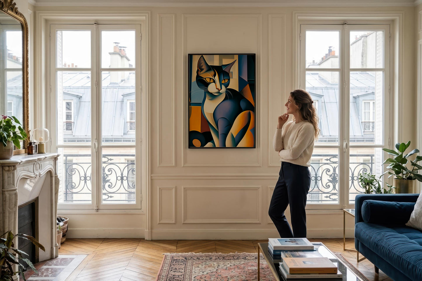A woman stands in a bright, classic Parisian-style living room next to a large window, looking at a colorful cubist-style canvas painting of a cat mounted on the wall.