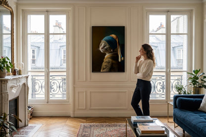 A woman stands in a bright, elegant living room next to a large framed art print depicting a cat in the style of Vermeer's The Girl with a Pearl Earring. The room features classic cream paneled walls, tall windows looking out onto city buildings, a fireplace on the left, and a blue sofa on the right.