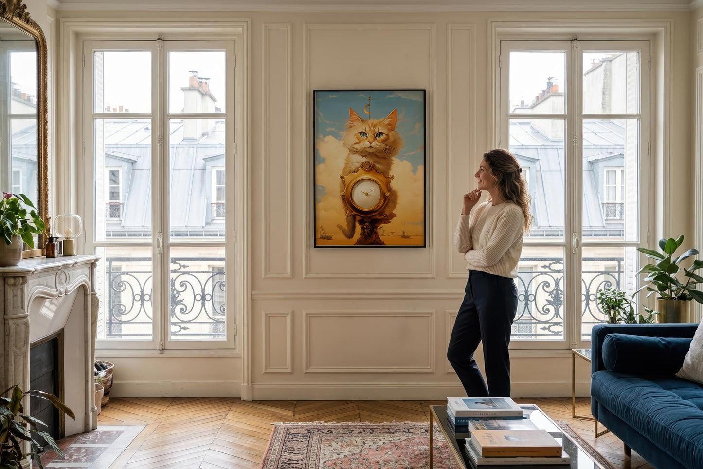 A woman stands in a bright, elegant room with classic French windows and cream paneled walls, looking at a framed painting of a cat holding a clock.