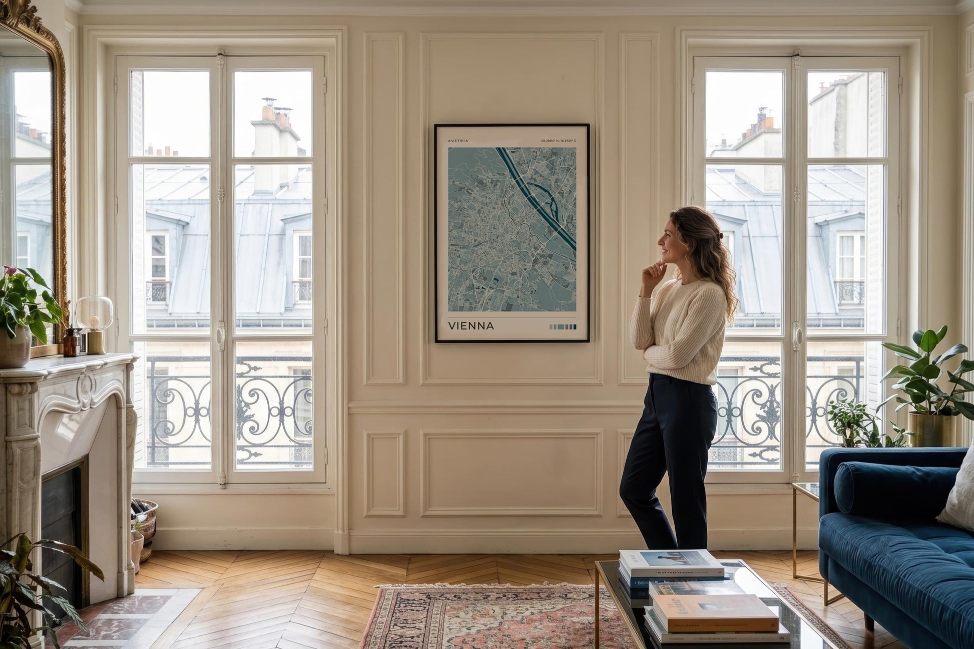 A woman stands in a bright, elegant living room next to a blue sofa, looking at a framed map print of Vienna hanging on a cream paneled wall.