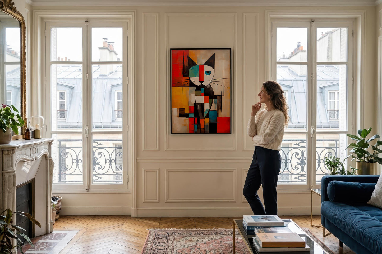 A woman stands in a bright, classic Parisian-style living room next to a large framed abstract painting of a cat. The room features elegant cream paneled walls, tall windows looking out onto city buildings, a herringbone wood floor, a blue velvet sofa, and a fireplace on the left.