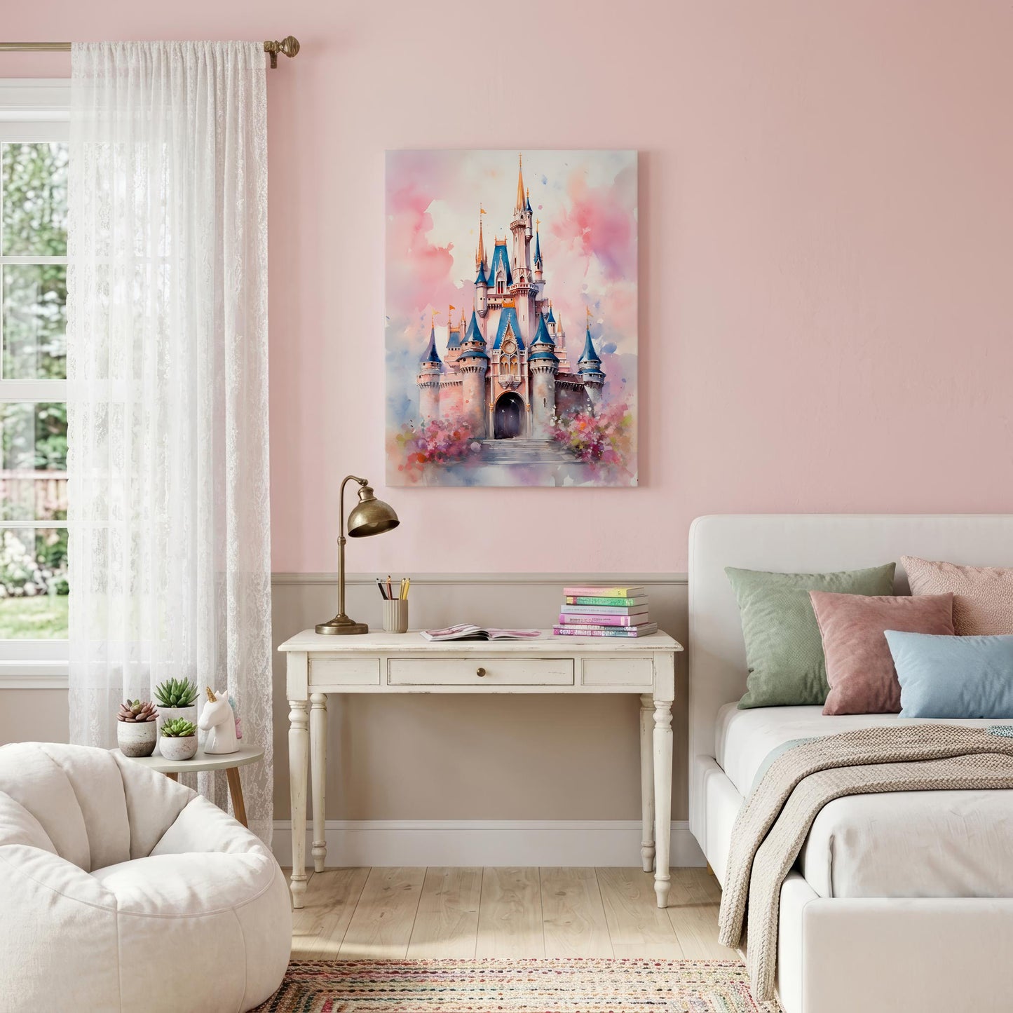 A vertical canvas print of a whimsical castle painting in pastel pink, blue, and purple tones, displayed on a light pink wall in a styled bedroom setting.