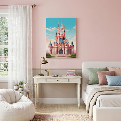 A vertical canvas print of a whimsical pink and blue castle under a bright sky, displayed on a light pink wall in a styled children's bedroom with a white bed, desk, and beanbag chair.