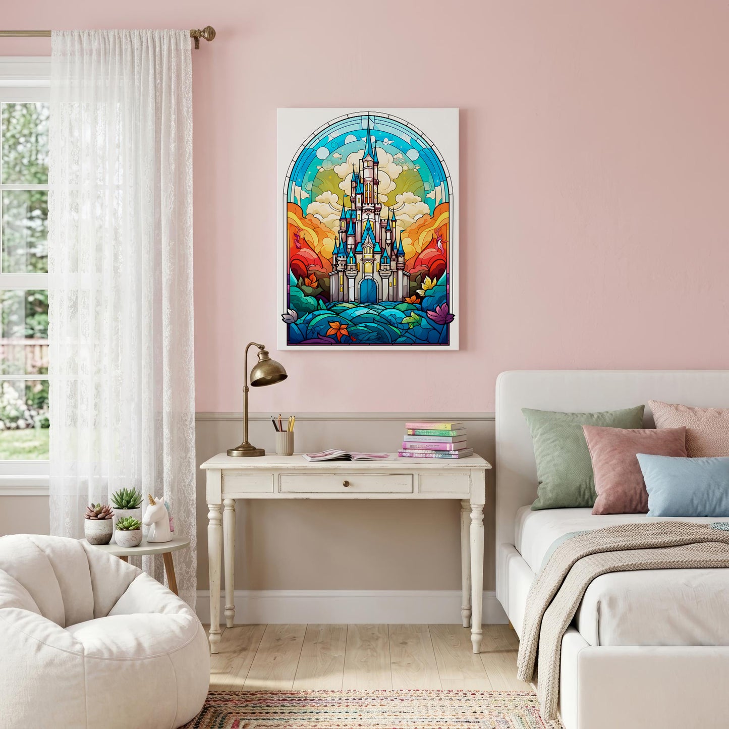 A colorful framed art print of a fairytale castle in a stained-glass style hangs on a light pink wall above a white desk in a styled bedroom setting.