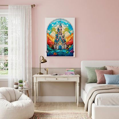 A colorful framed art print of a fairytale castle in a stained-glass style hangs on a light pink wall above a white desk in a styled bedroom setting.