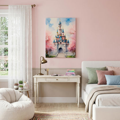 A vertical canvas print of a colorful watercolor castle surrounded by pink cherry blossoms, displayed on a light pink wall in a styled bedroom setting.