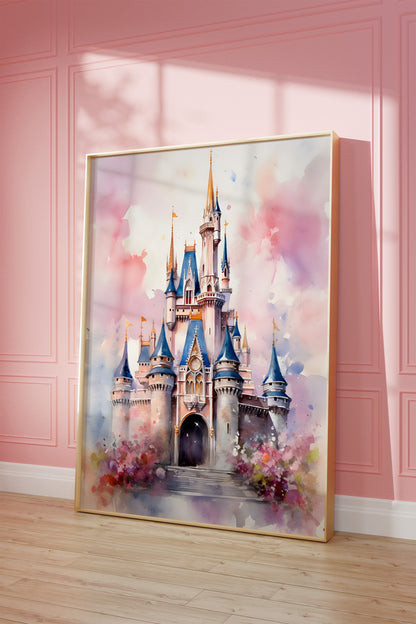 Watercolor Disney castle print in a wood frame.