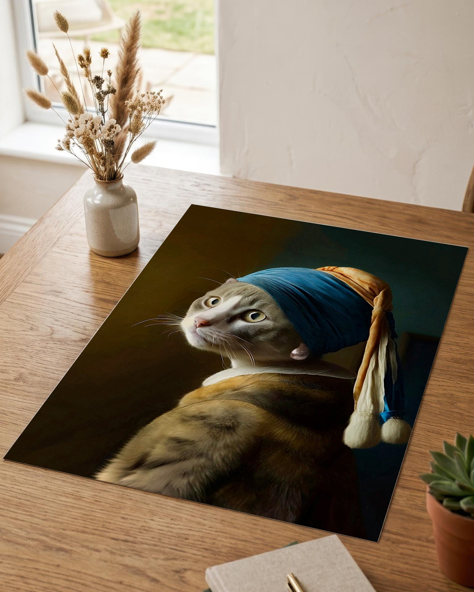 A rectangular wall art print or poster displayed on a wooden table, featuring a cat styled like Johannes van Gogh's classical painting The Girl with a Pearl Earring. The print is shown in a home interior setting with a vase of dried grass, a notebook, and a small plant.
