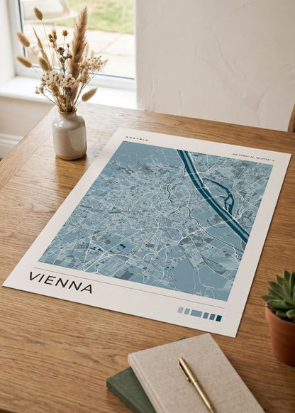 A printed Vienna city map poster laid on a wooden table, styled with a small vase of dried grasses, a notebook, a pen, and a succulent near a window.