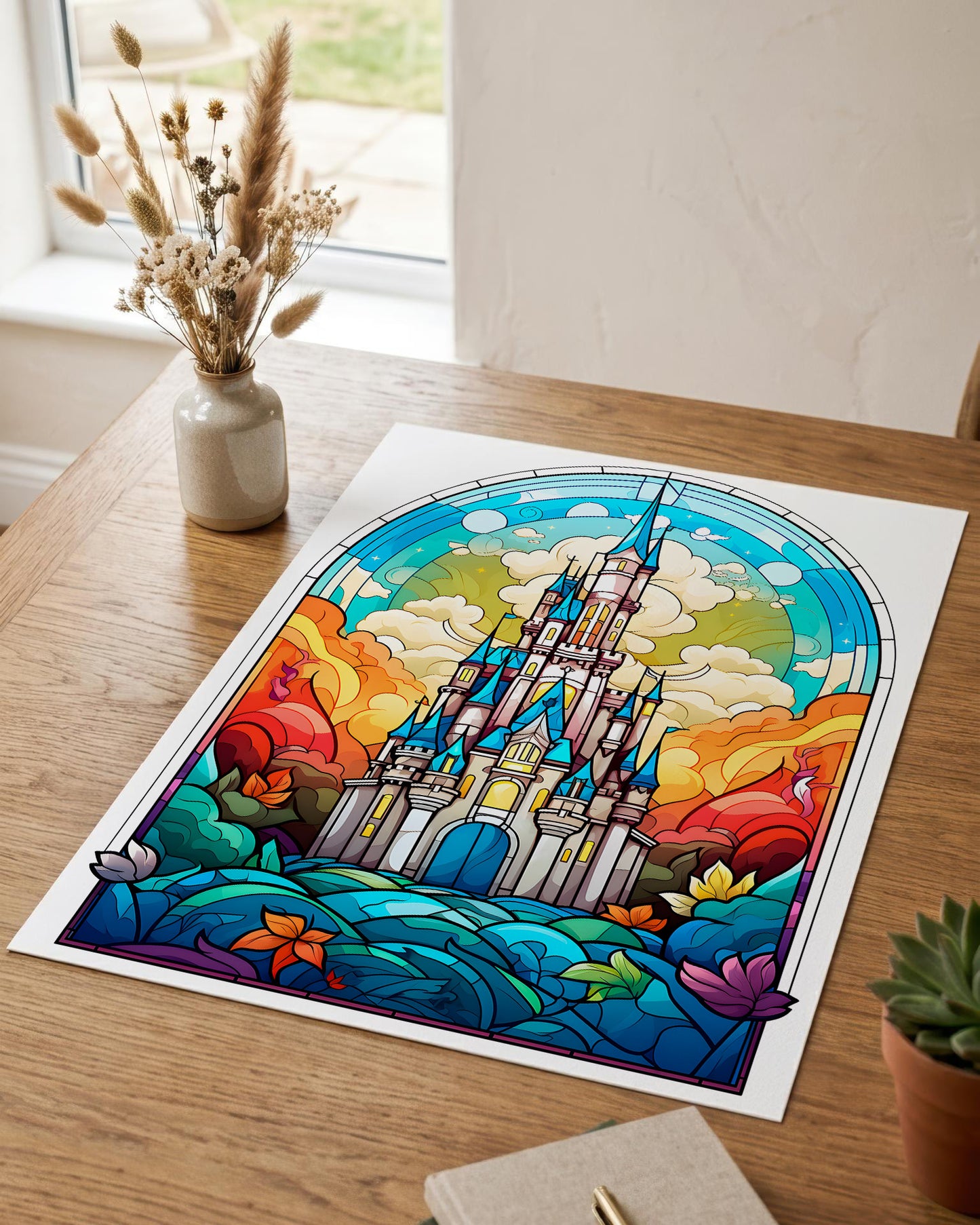 A colorful stained-glass-style art print of a castle scene lies on a wooden table in a real indoor setting, with a vase of dried stems, a notebook, and a small succulent nearby.