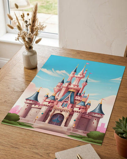 A large art print depicting a whimsical pink castle with blue roofs under a light blue sky, displayed on a wooden table next to a vase of dried grasses and a small succulent.