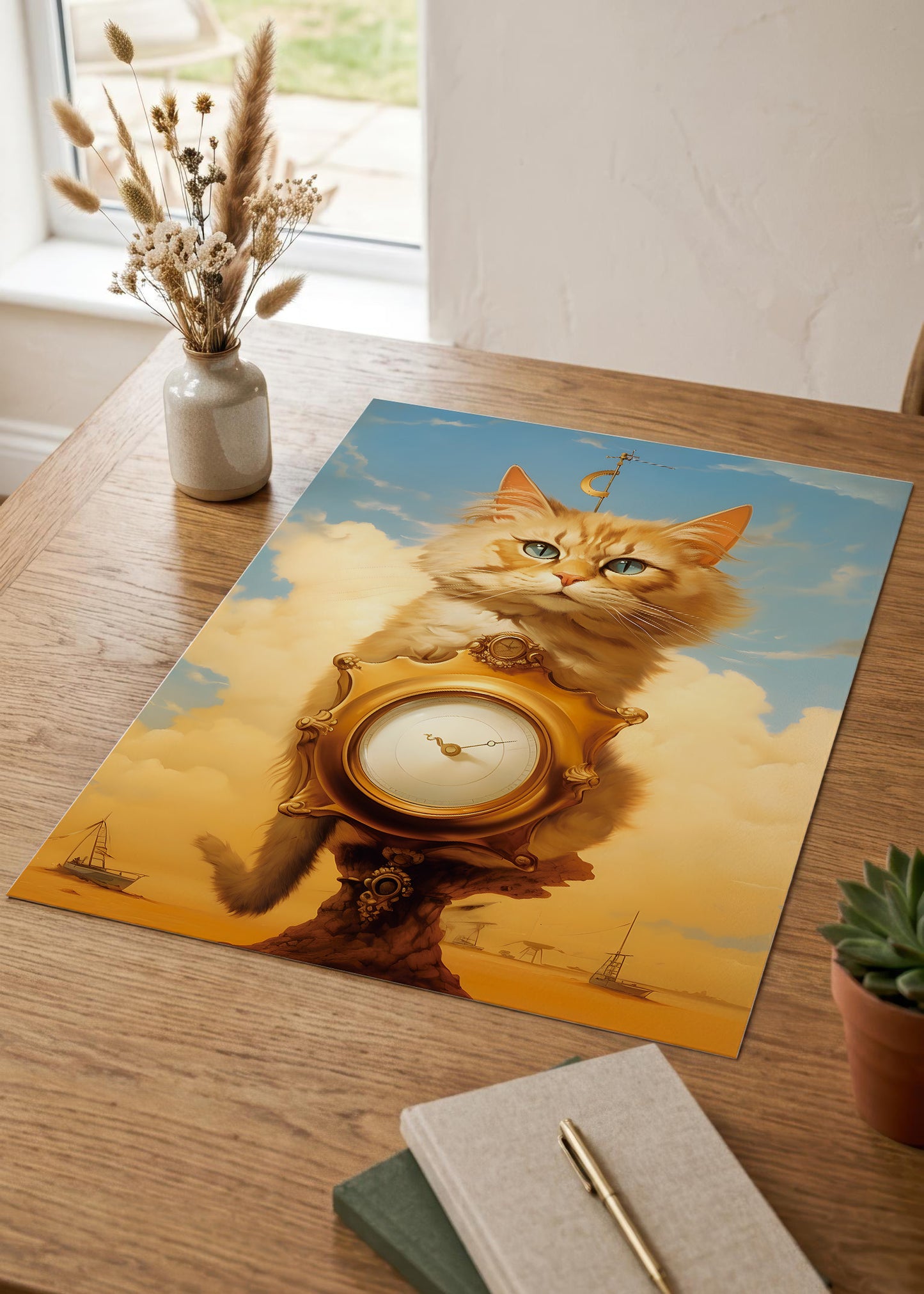 A rectangular art print or poster lying on a wooden table, featuring a whimsical painting of an orange cat holding a large ornate clock against a blue sky and golden clouds. The print is styled in a home setting with a vase of dried grass, a notebook, a pen, and a small succulent nearby.
