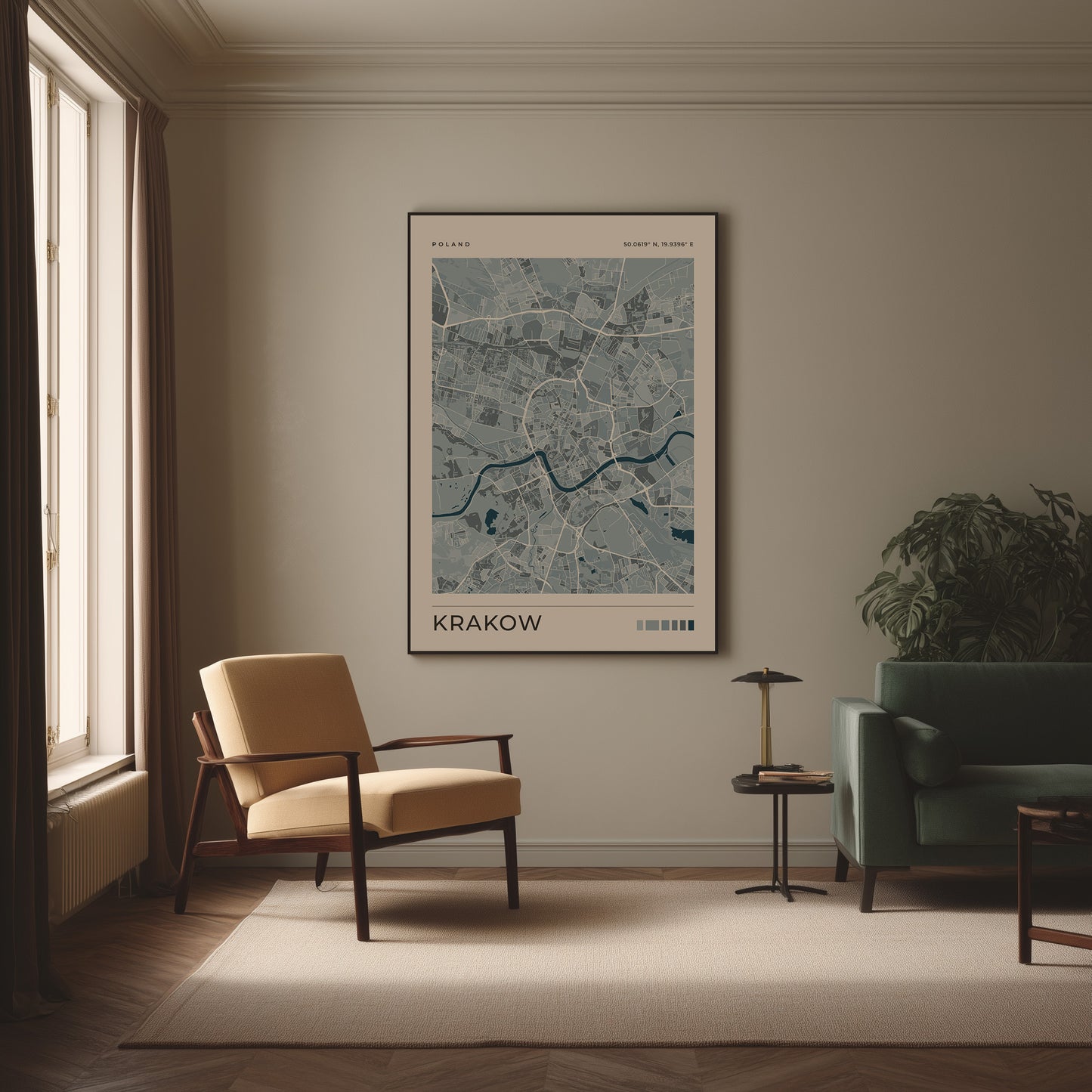 A framed map poster of Krakow, Poland, hangs on a beige wall in a modern, sunlit living room with a yellow armchair, a green sofa, and a small side table.
