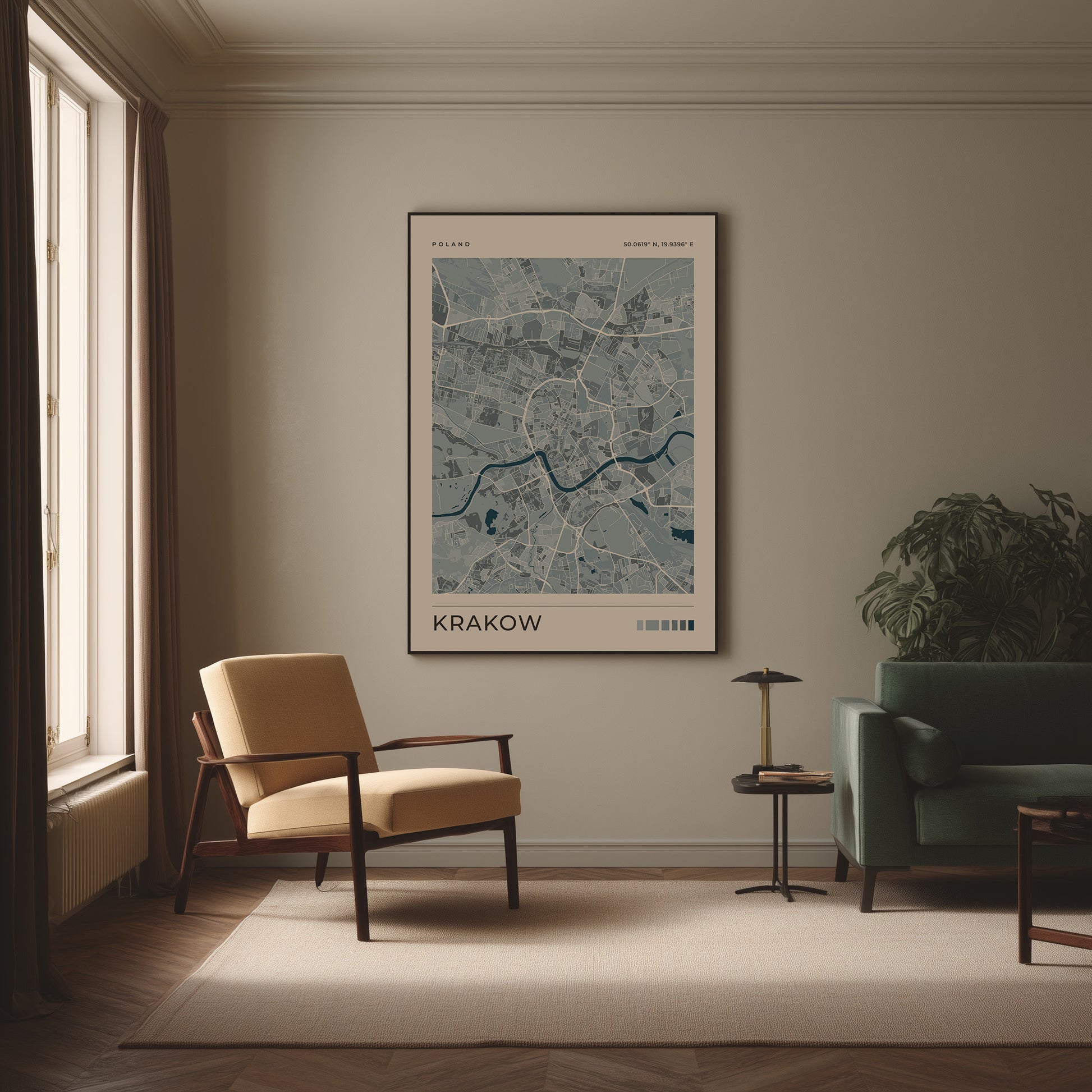 A framed map poster of Krakow, Poland, hangs on a beige wall in a modern, sunlit living room with a yellow armchair, a green sofa, and a small side table.