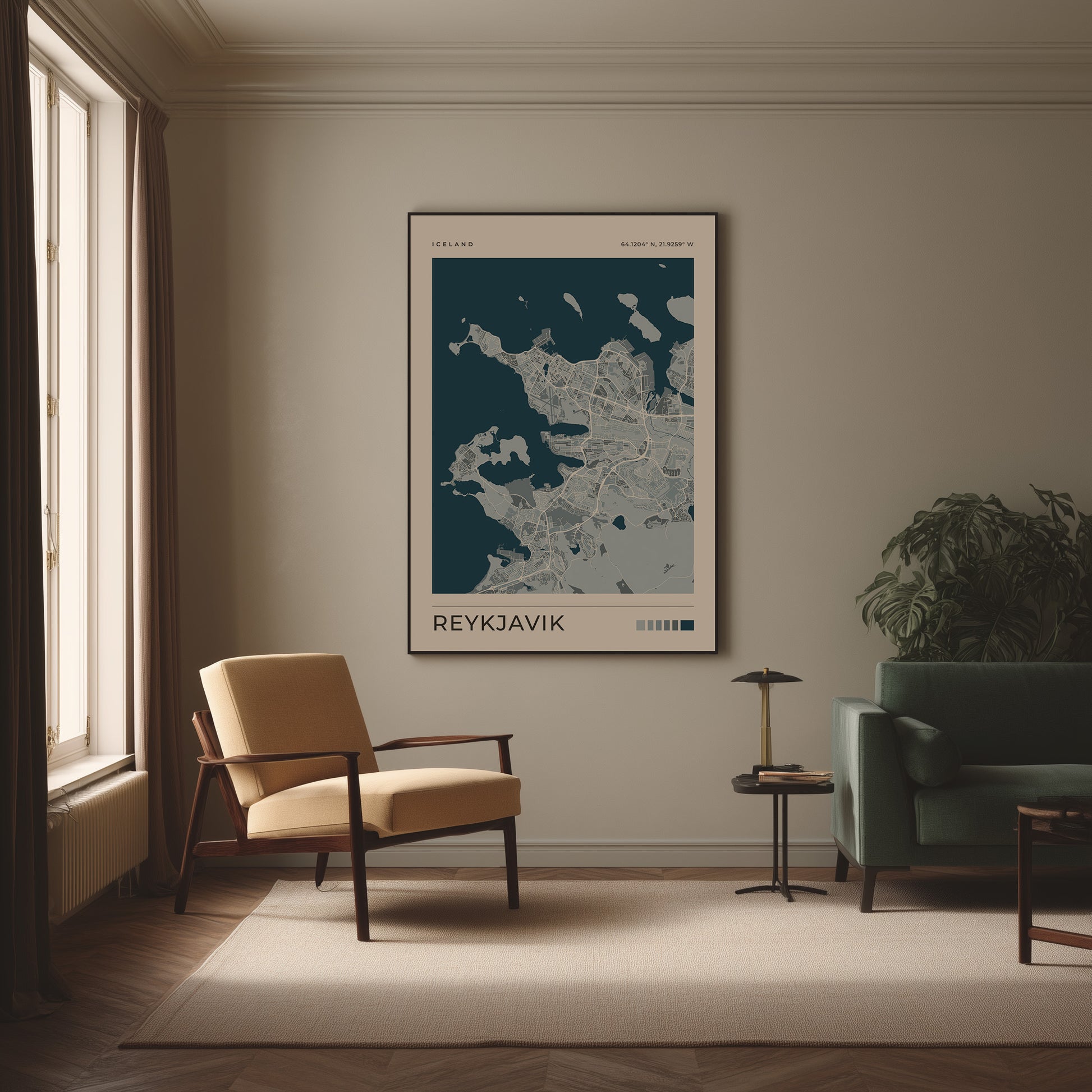 A framed minimalist map poster of Reykjavík hangs on a beige wall in a styled living room with a cream armchair, green sofa, and small side table.