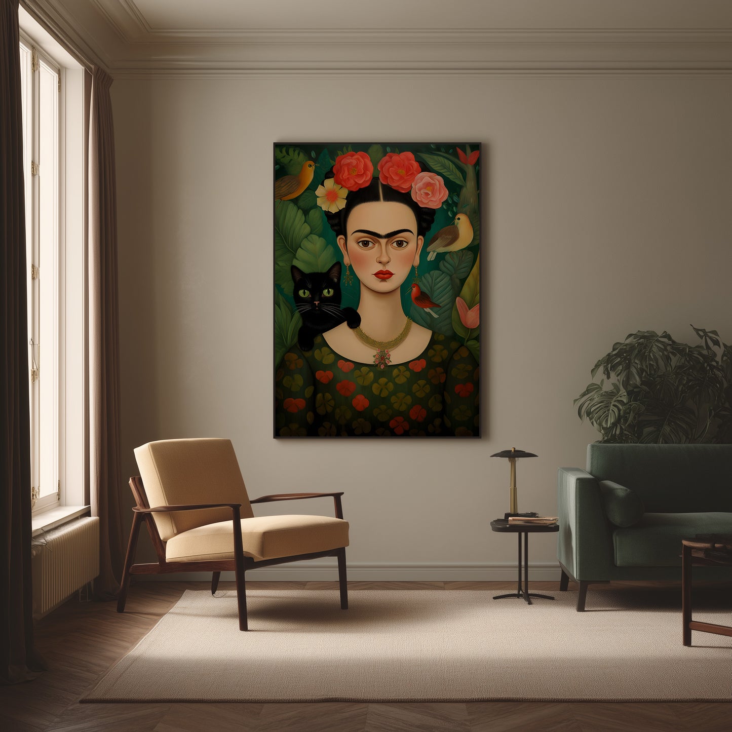 A framed wall art print depicting Frida Kahlo with a black cat, displayed in a modern living room setting with a beige armchair, green sofa, and warm neutral walls.