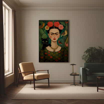 A framed wall art print depicting Frida Kahlo with a black cat, displayed in a modern living room setting with a beige armchair, green sofa, and warm neutral walls.