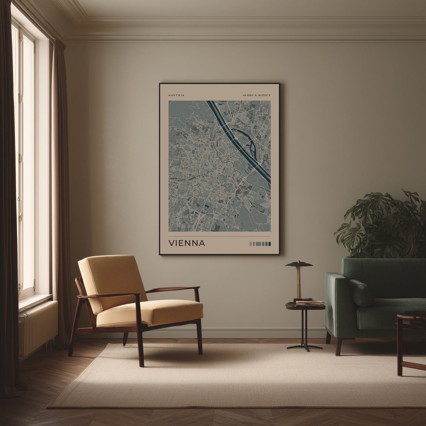 A framed art print of a Vienna street map hangs on a beige wall in a modern living room setting with a yellow armchair, green sofa, and a small side table.