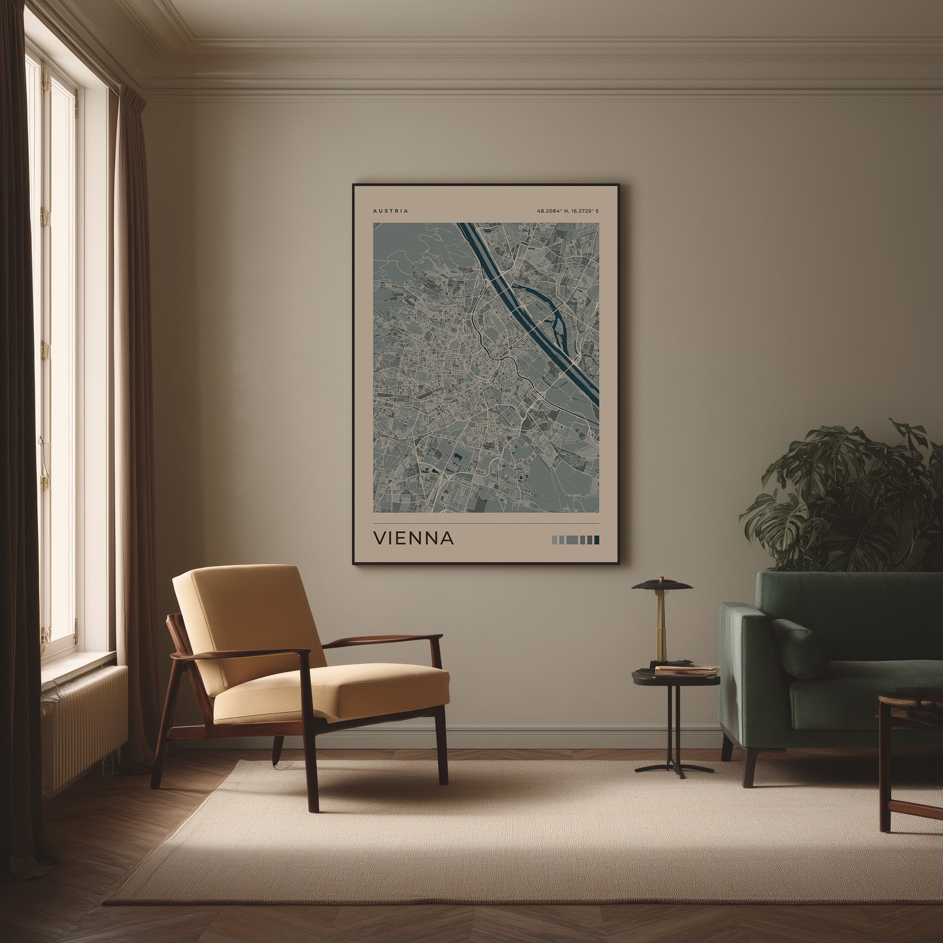 A framed art print of a Vienna street map hangs on a beige wall in a modern living room setting with a yellow armchair, green sofa, and a small side table.