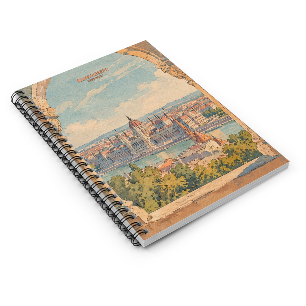 A spiral-bound notebook with a vintage-style illustrated cover depicting Budapest, shown at an angle on a clean white background.