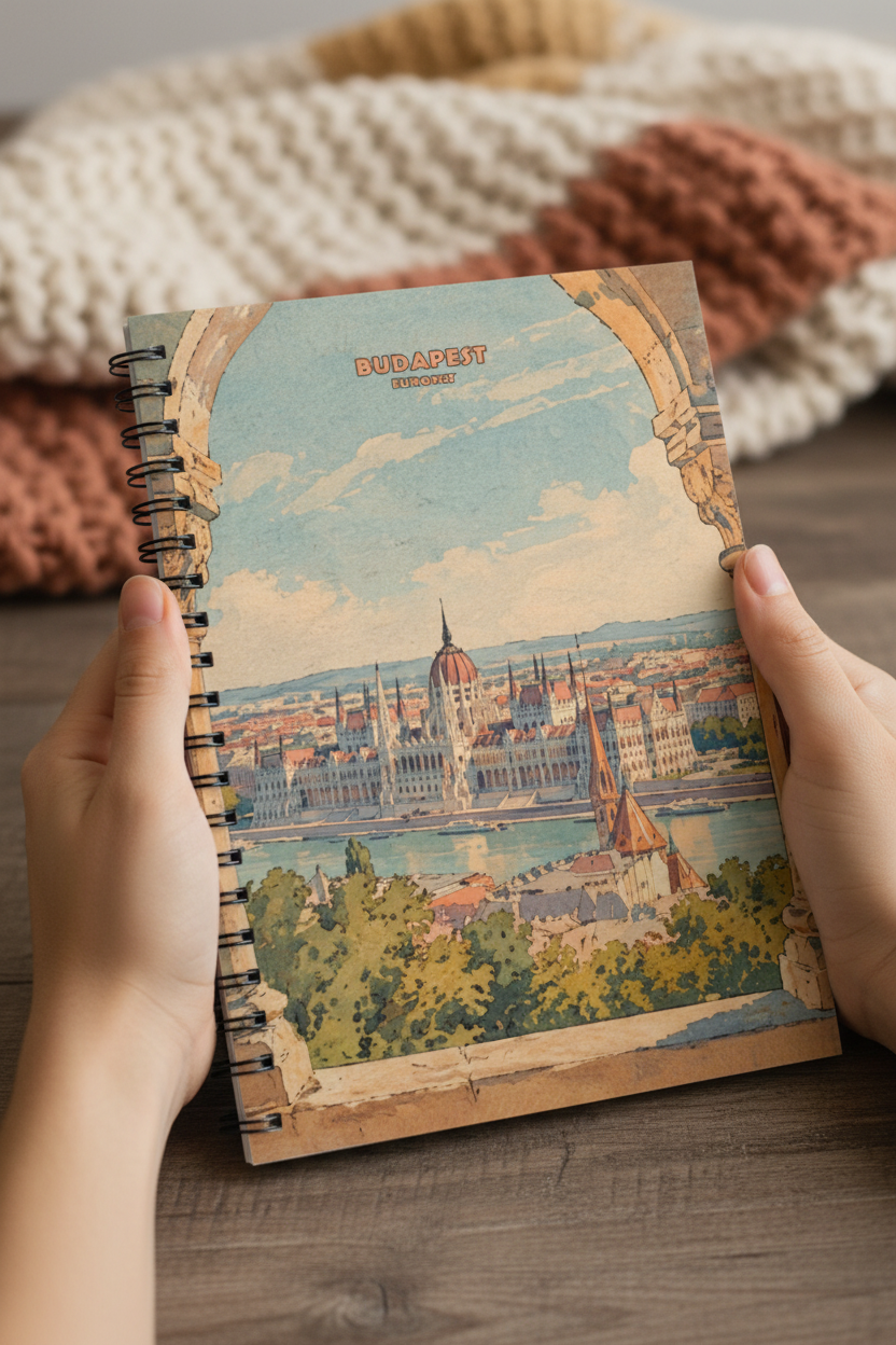 A person holds a spiral-bound notebook featuring a vintage-style illustration of Budapest, Hungary, with the Hungarian flag and cityscape on the cover, set against a cozy, softly blurred background.