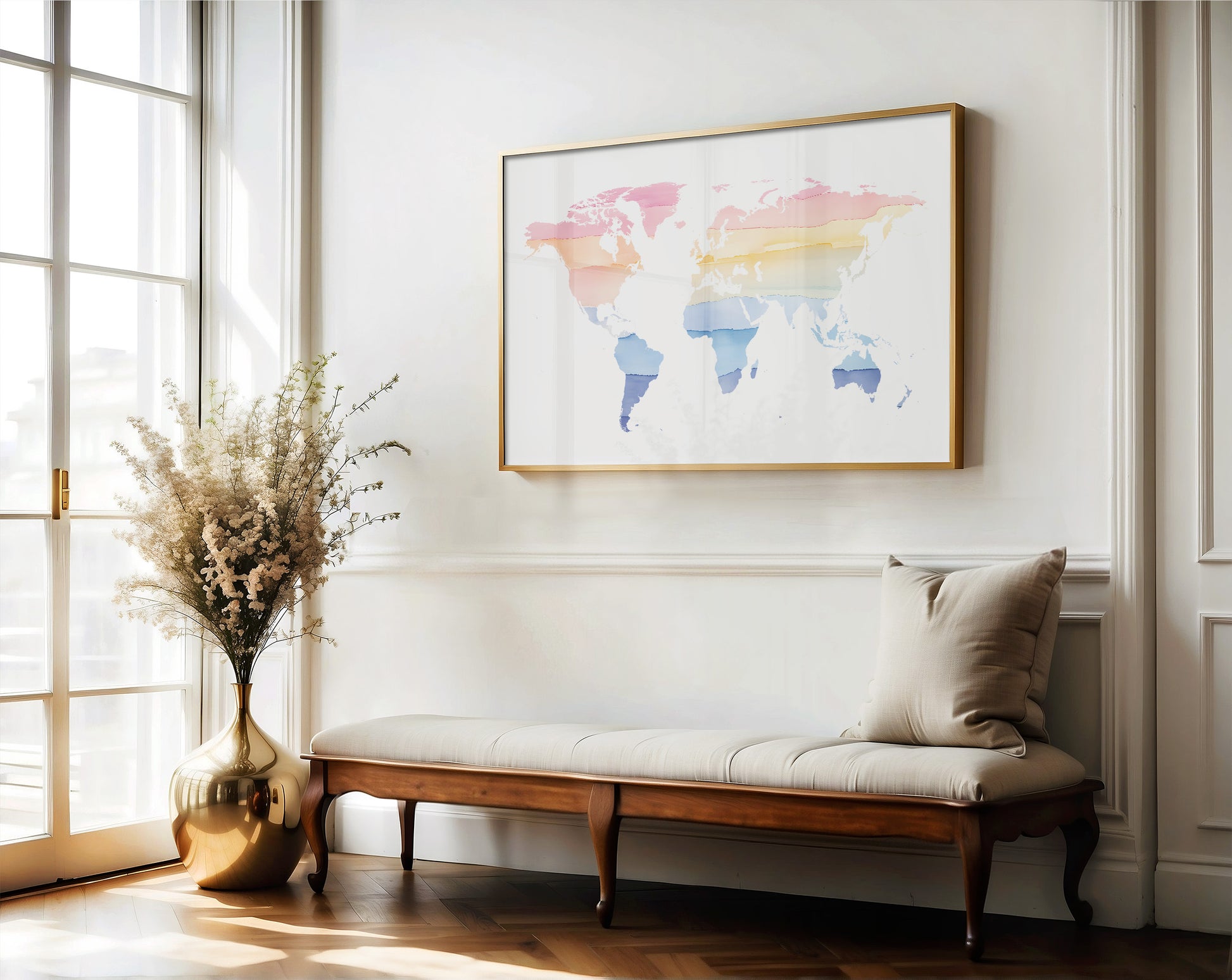 A framed world map art print with a gold frame hangs on a white wall above a wooden bench with a beige cushion in a bright, sunlit room.