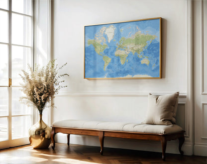 Carte du monde en relief | Différentes tailles disponibles | Impression de la carte du monde physique | Art mural sur toile Carte du monde océans