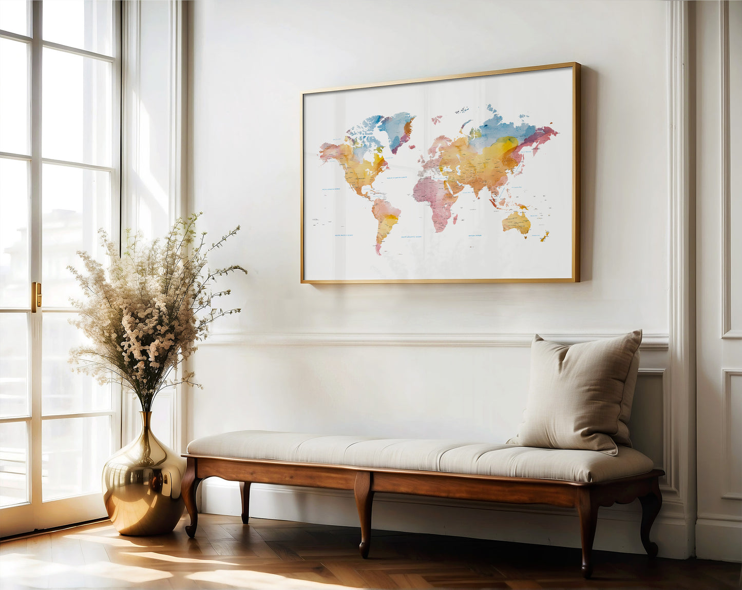 Minimalist world map wall art in beautiful watercolors.