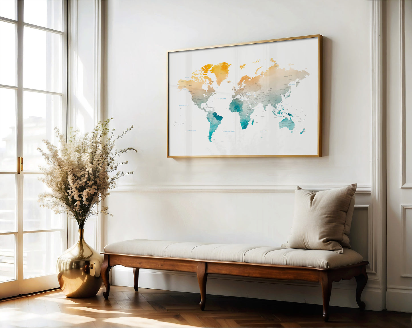 Watercolor World map print in beautiful tones.