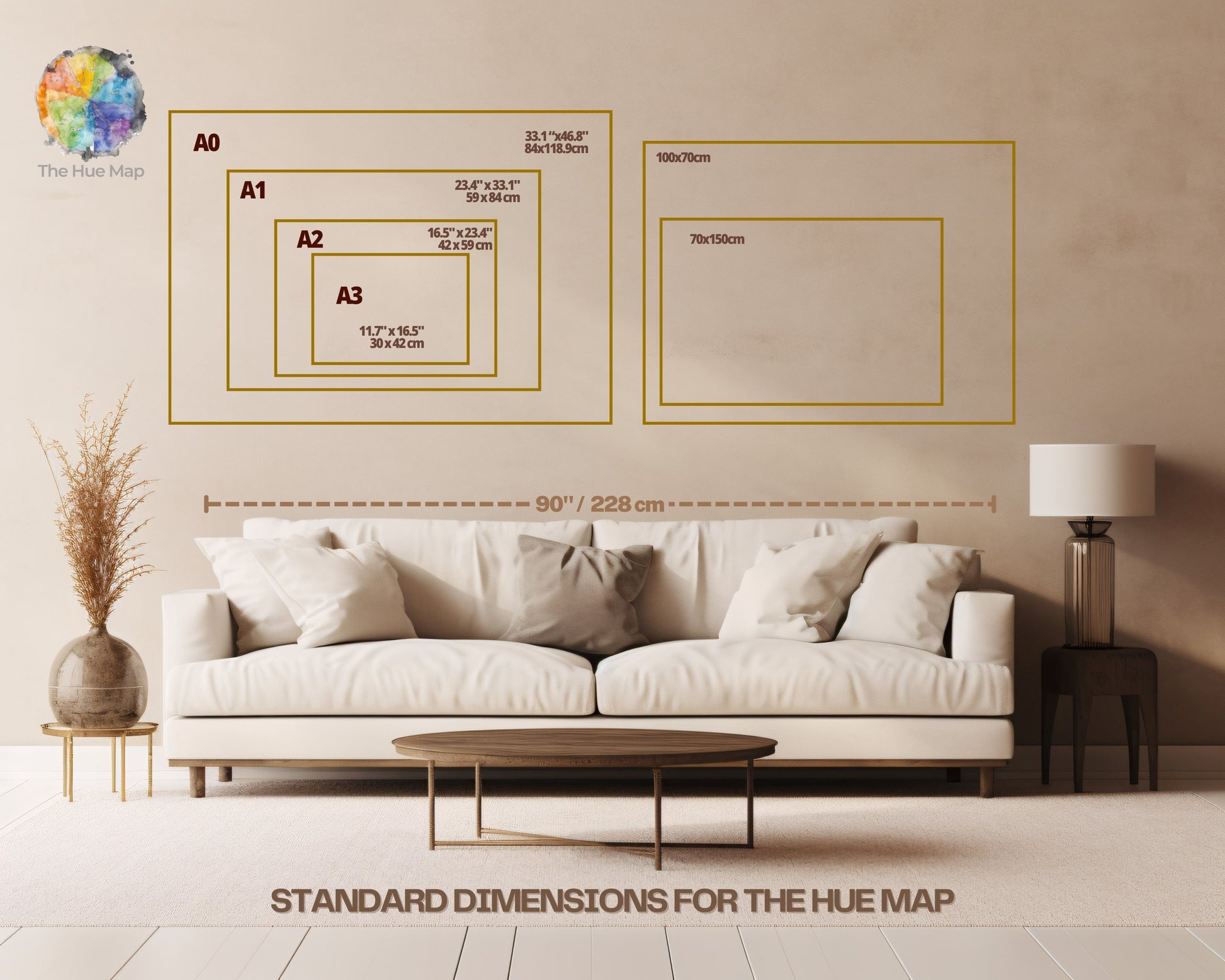 A living room scene showing a beige sofa, side table, lamp, and wall-mounted framed size guides labeled A0, A1, A2, A3, and 10ft/3m with text reading 'Standard Dimensions for the Hue Map.' This is not a clean product shot of a physical item being sold, and it is not a measurement chart for apparel or furniture sizing; it is an informational graphic about wall art dimensions, so the best fit is Other.