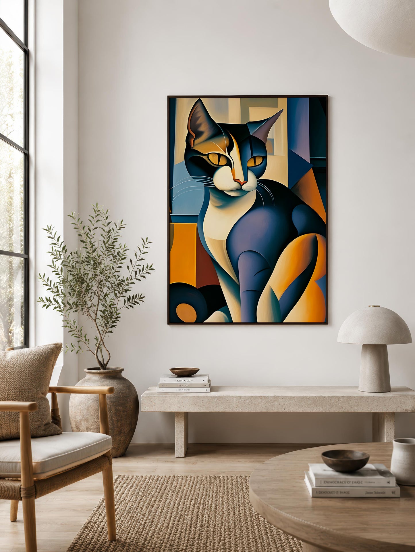 A framed abstract cubist-style cat painting hangs on a white wall in a modern living room setting with a bench, lamp, chair, and rug.