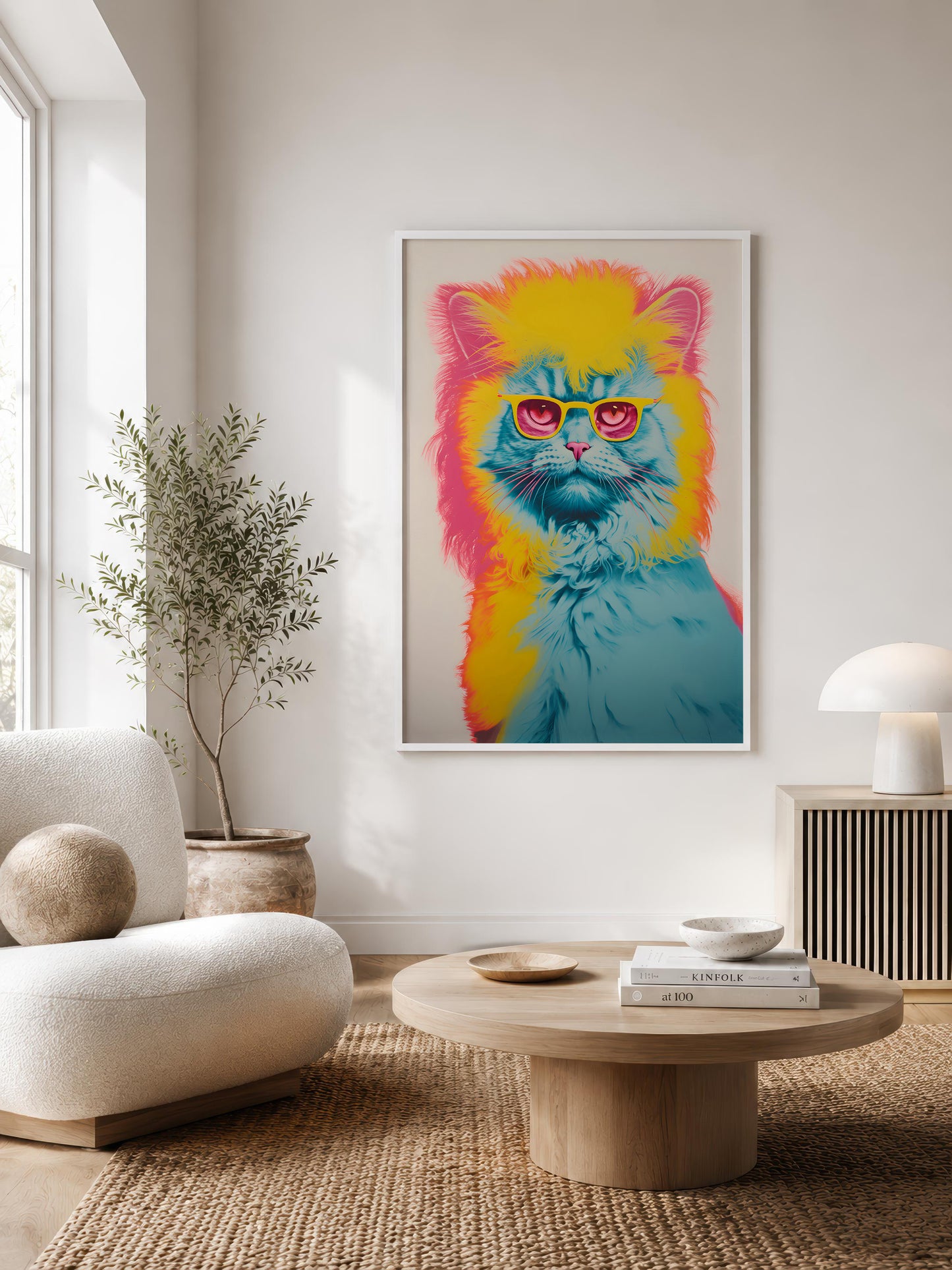 pop art wall art in a white frame in a nice modern interior