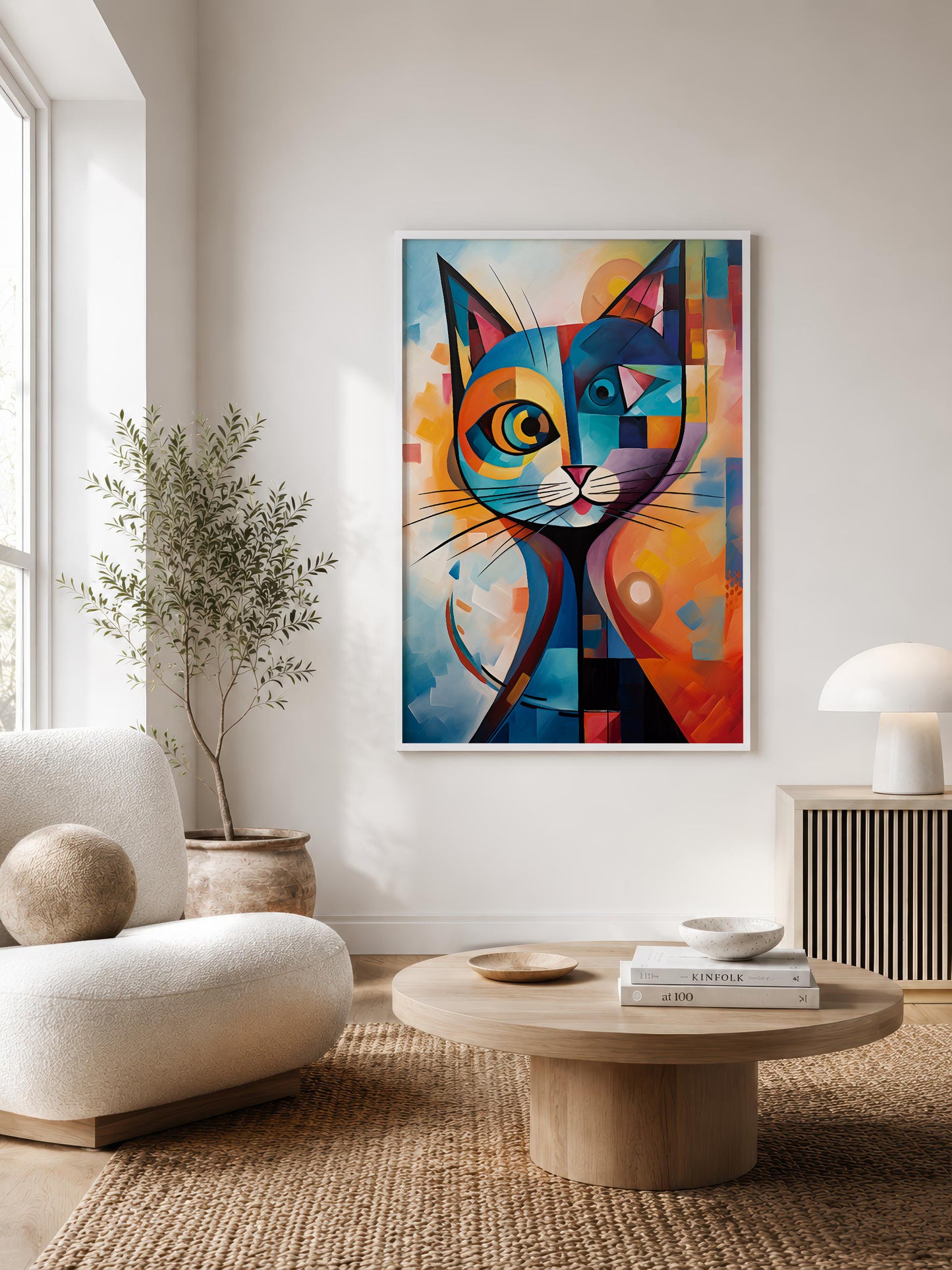A framed abstract cat wall art print hangs on a white wall in a bright, modern living room with a beige armchair, round coffee table, and potted plant.