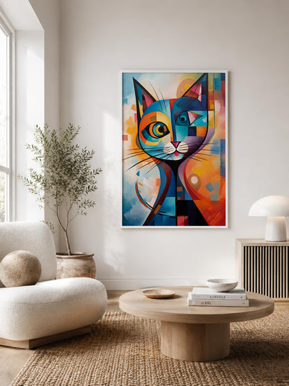 A framed abstract cat wall art print hangs on a white wall in a bright, modern living room with a beige armchair, round coffee table, and potted plant.