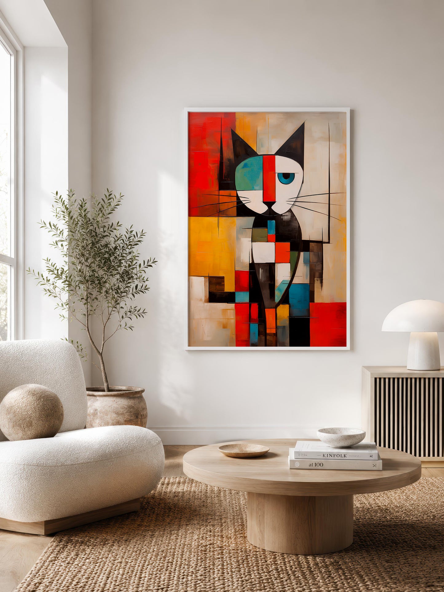 Mondrian cat print in a white wood frame ona white wall.